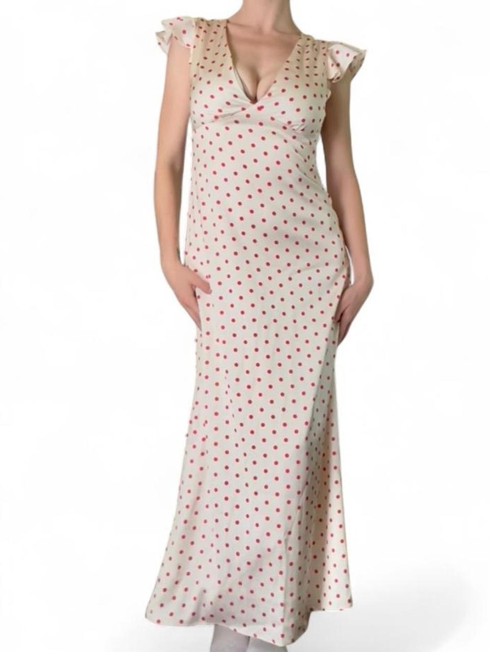 Red polka dot satin maxi dress from petal + pup